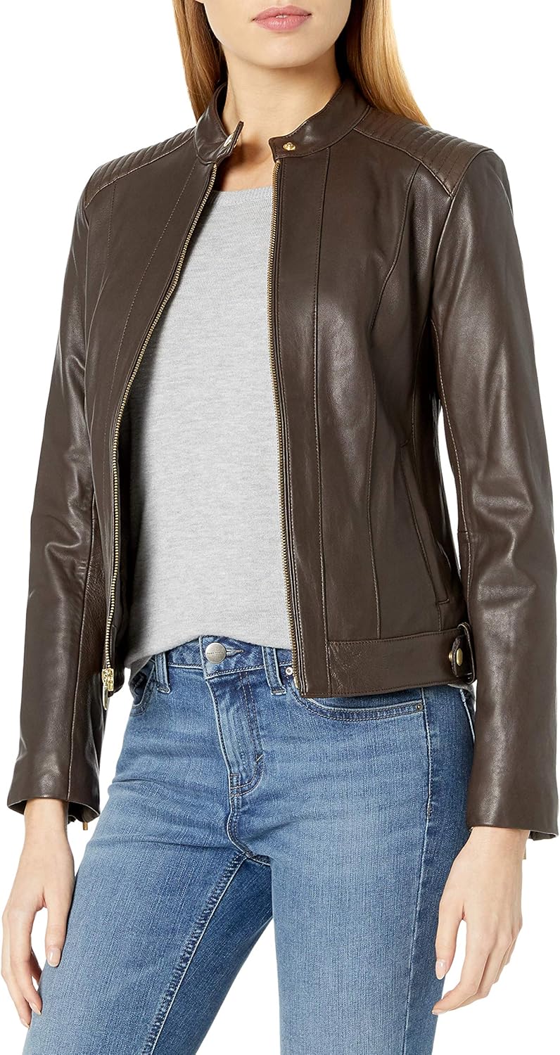 Cole Haan Women's Leather Racer Jacket with Quilted Panels Buy Online