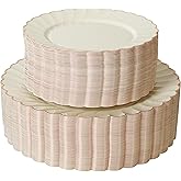 ISFANGCO 72PCS Ivory Plastic Plates Set for 36 Guests, Thanksgiving Plate Disposable, Heavy Duty Scalloped Disposable Plate with Rose Gold Rim for Wedding Party, 36 Dinner Plates& 36 Dessert Plates