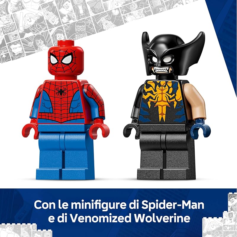| Marvel Auto di Spider-Man vs. Venomized Wolverine - Giocattolo dei Supereroi con Modello di Macchina, 2 Minifigure e 2 Shooter a Molla - Regalo per Bambini e Fan da 7 Anni in su - 76336