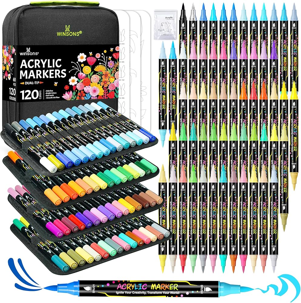 120 Colors Acrylic Paint Markers, Permanent Dual-Tip Acrylic Markers Set, Soft Brush Tip Paint Pens for Rock Painting, Canvas