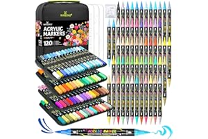 120 Colors Acrylic Paint Markers, Permanent Dual-Tip Acrylic Markers Set, Soft Brush Tip Paint Pens for Rock Painting, Canvas