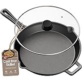 Bakken Pre Seasoned Cast Iron Skillet with Glass Lid & Silicone Handle,12" Frying Pan for Stove, Oven, Grill & Induction, Even Heat Distribution, Versatile All-Purpose Cookware for Searing & Frying