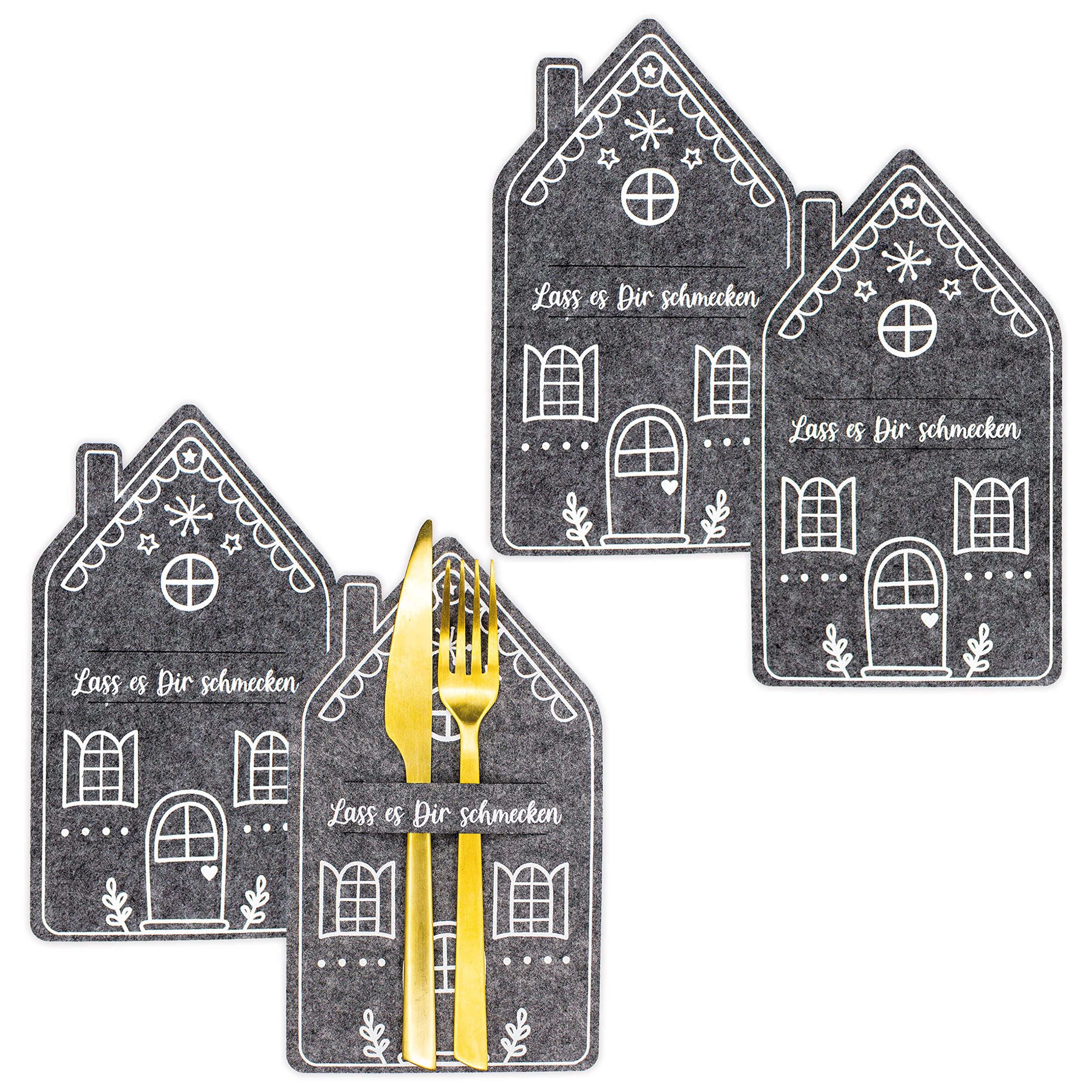 Papierdrachen Cutlery Holder Christmas 2025 - Felt - Grey - Anthracite - Gingerbread House - 4 Pieces - High-Quality Print - Elegant & Festive Table Decoration