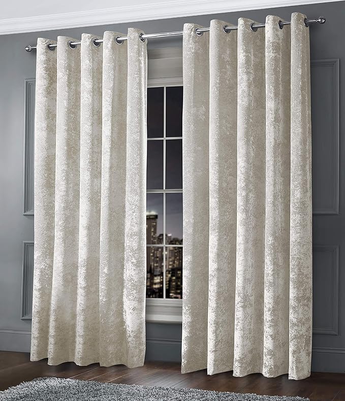 Luxury Thermal Crushed Velvet Cream/Ivory Ringtop Pair of Curtains (46