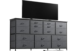 ENHOMEE Dresser TV Stand with Power Outlets 60" TV Stand for Bedroom with 16 Drawers Long Dresser for Bedroom Entertainment Center with Storage Media TV Console Table 51.1''W*11.8''*34.8'', Grey