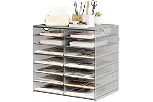 Solinxe Desk File Sorter, 14 Slots Literature Organizer, Mail Organizer Countertop, Letter Tray with Adjustable Shelves, Mailbox for Office Classroom Home, Silver