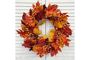 TOKCARE Fall Wreaths for Front Door, 24 Inch Autumn Wreath for Home Porch Decor, Farmhouse Grapevine Wreaths for Outdoor Table Centerpiece Thanksgiving Halloween Harvest Festival Decor