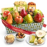 A Gift Inside Congratulations Fruit Gift Basket &ndash; Fresh Fruit Basket with Pears, Apples, Cheese, Almonds, Trail Mix &amp; Crackers, Gourmet Congratulations Gift