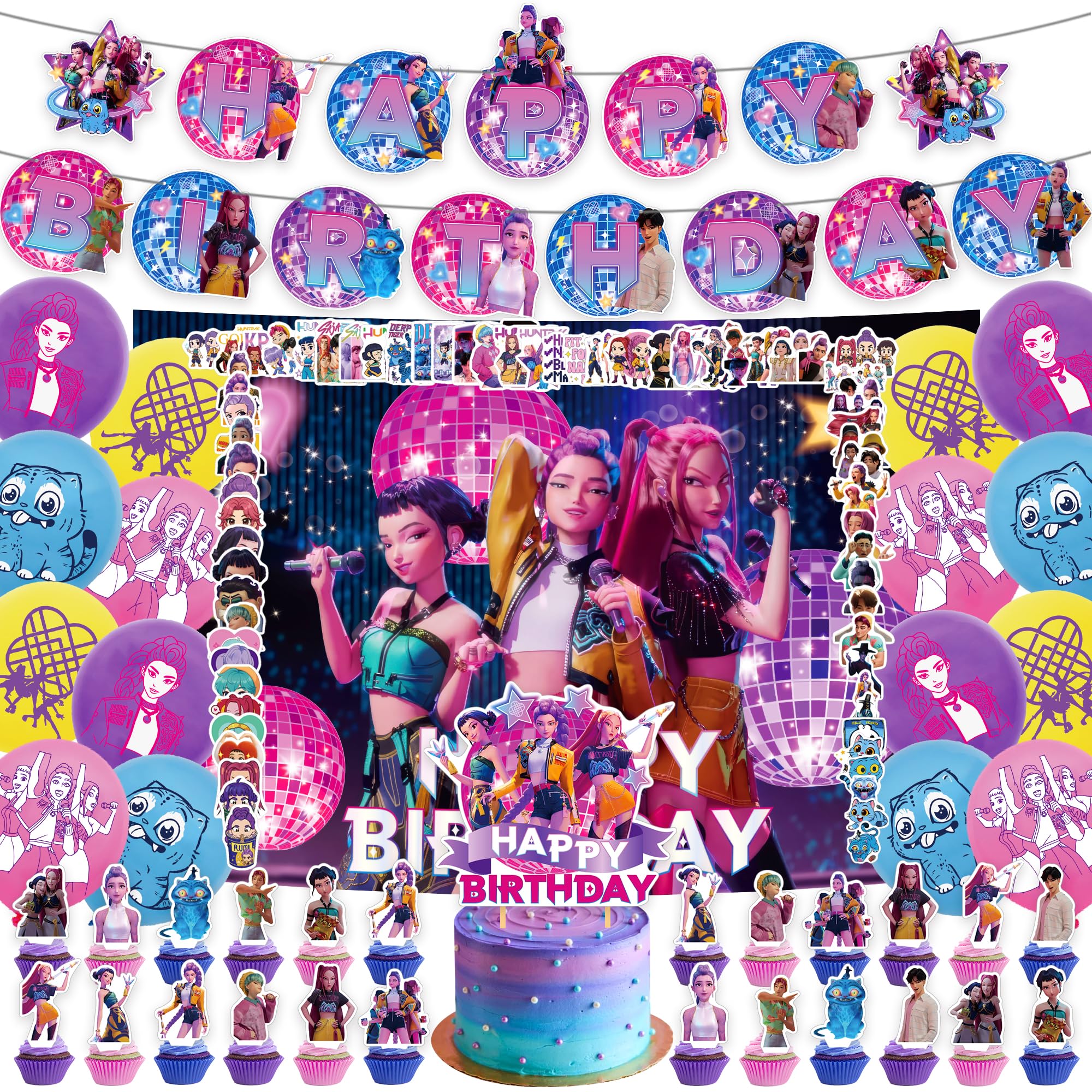 Photo 1 of 117 Pcs Demon Hunters Birthday Decorations Set, Party Supplies Set Include Banner, Backdrop, Balloons, Hanging Swirls, Cake Cupcake Toppers, Sticker for Boys Girls Kpop Theme Party