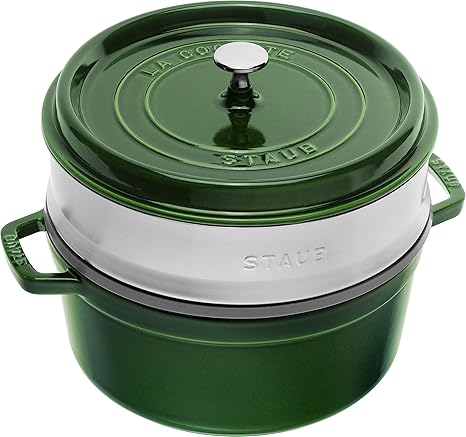 Staub Cocotte Redonda con Cesta Vapor, Hierro Fundido, Verde basilisco, 26 cm