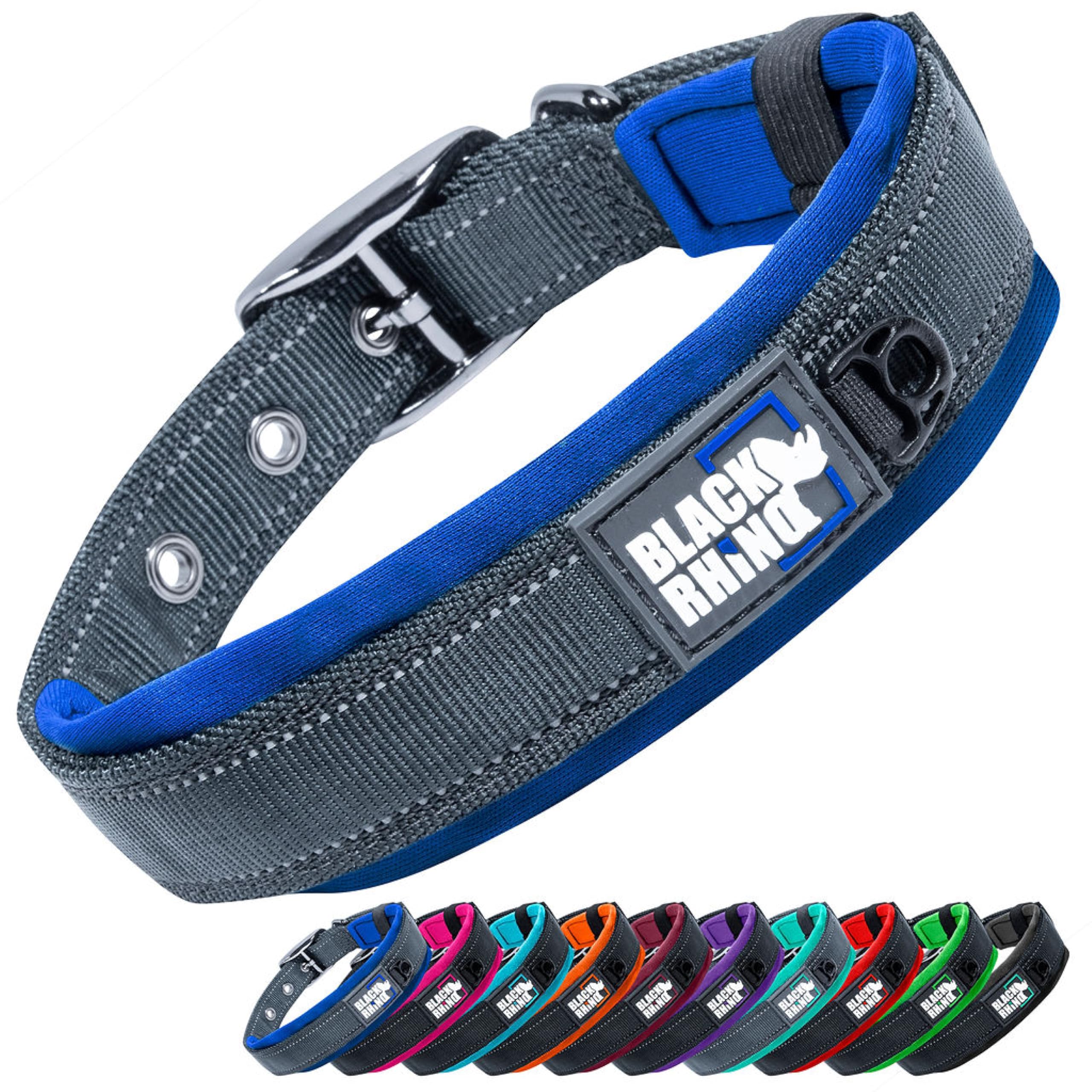 Black Rhino - The Comfort Collar - Dog Collar for All Breeds - Ultra Soft Neoprene Padded Collar, Sturdy, Adjustable, Reflective - Weather Resistant, Large, Sports Blue/Black