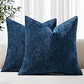 decorUhome Chenille Navy Blue Spring Throw Pillow Covers 18x18 Inch Set of 2, Decorative Soft Couch Pillow Covers Solid Dyed Accent Farmhouse Neutral Square Pillow Cases for Sofa