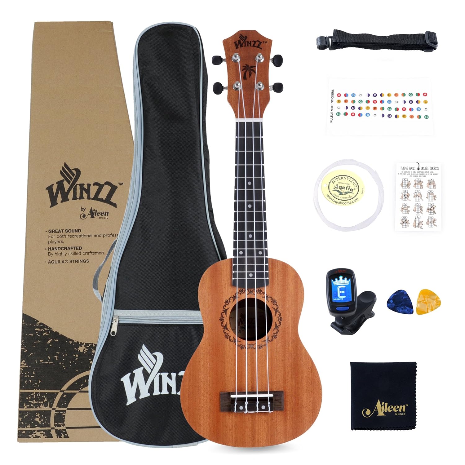 Winzz Mahogany Soprano Ukulele Starter Kit 21 Inch Aquila Strings for