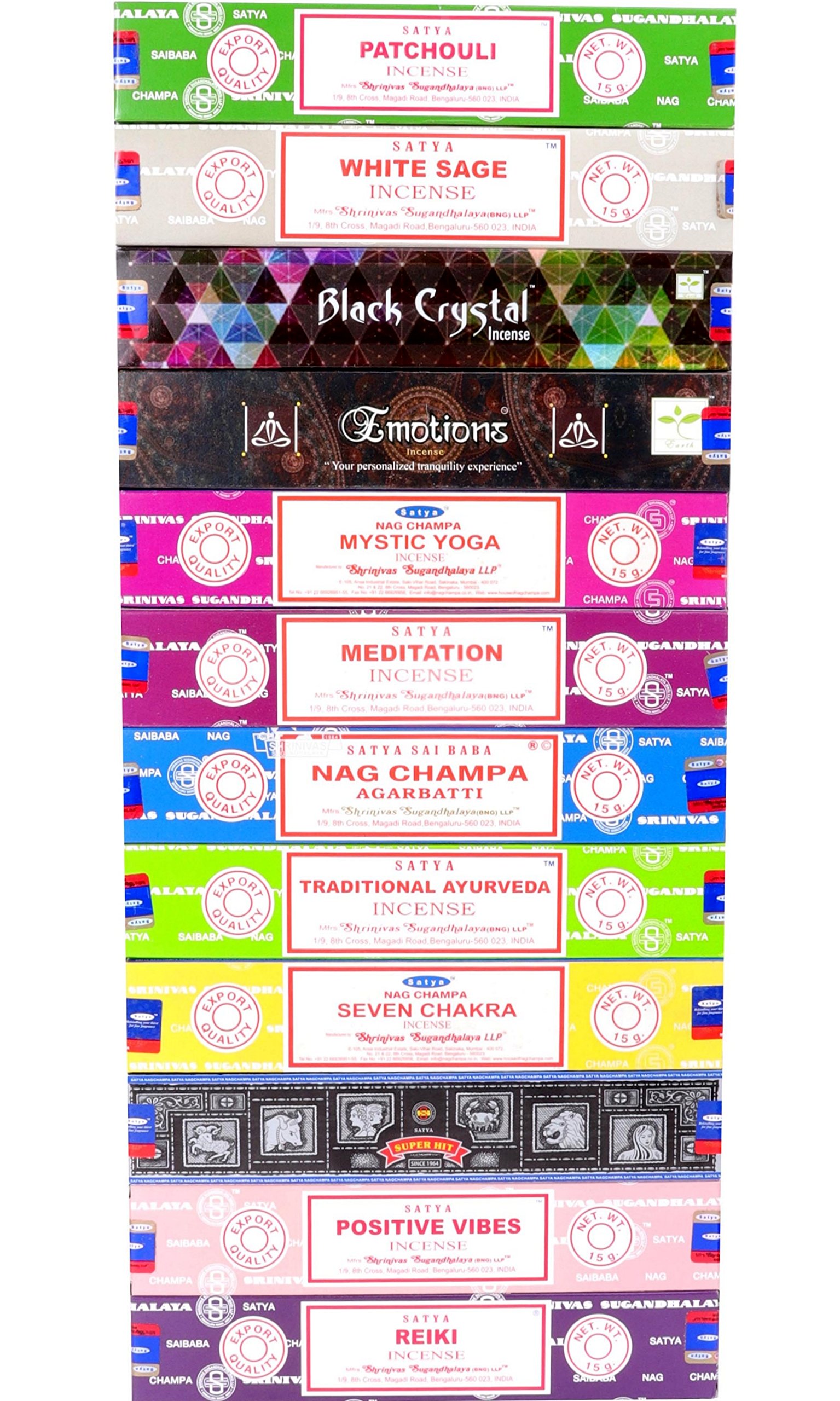 Satya Incense Sticks Patchouli White Sage Black Crystal Emotions Mystic Yoga Nag Champa Traditional Ayurveda Seven Chakra Superhit Positive Vibes Reiki (Series 2)