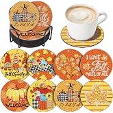 Sunnyray 8 Pcs Thanksgiving Diamond Coasters with Holder, Fall Coaster Kit | Diamond Art Coaster Kit for Coffee Tables, Round with Holder Stand, Fall Craft for Enthusiasts