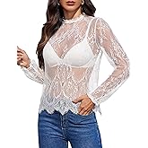 Avidlove Floral Lace Tops Women Mesh Top Long Sleeve Mock Neck Sheer See Through Button Down Shirts