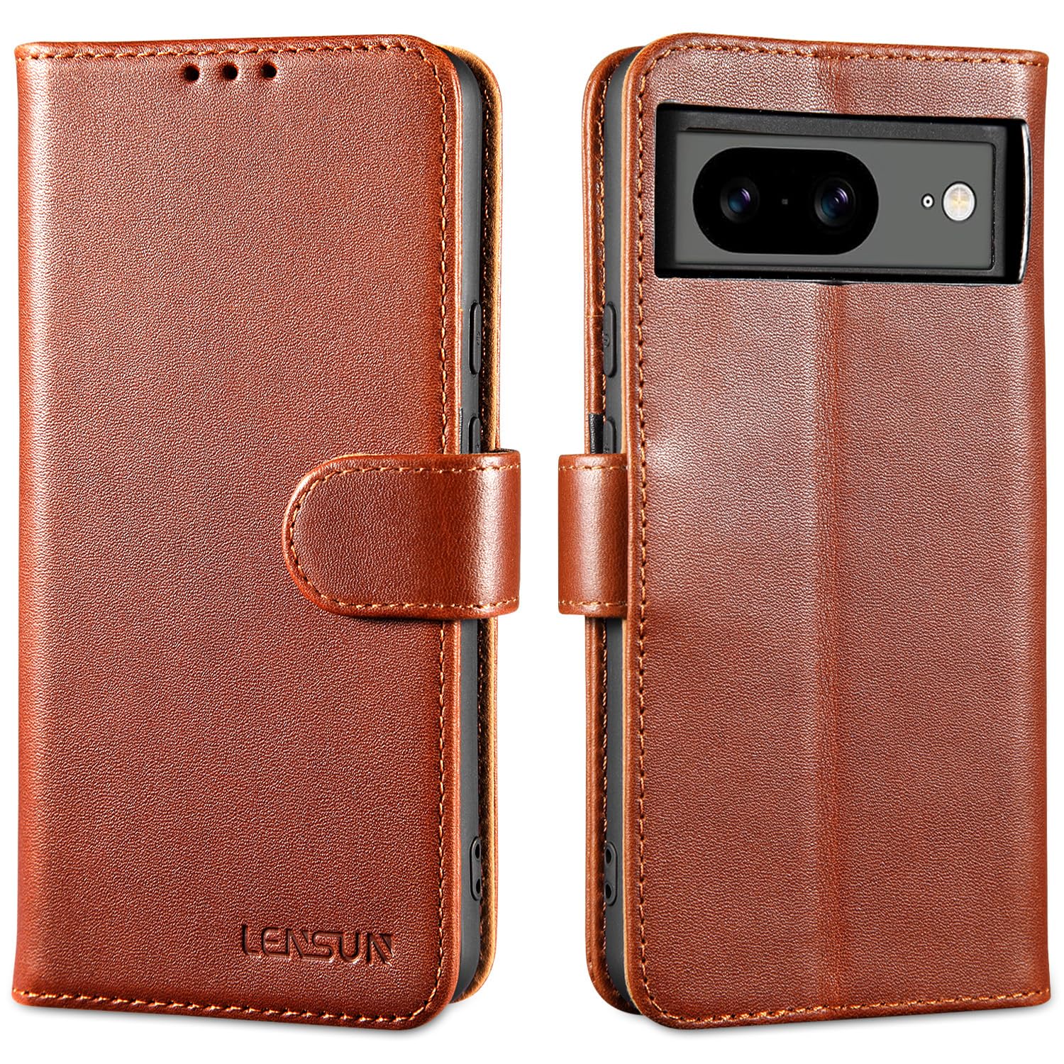 LENSUN Genuine Leather Case for Google Pixel 8, Mobile Phone Case [Genuine Leather] [Magnetic Closure] [Stand Function] Mobile Phone Case Leather Case for Google Pixel 8 5G - Dark Brown