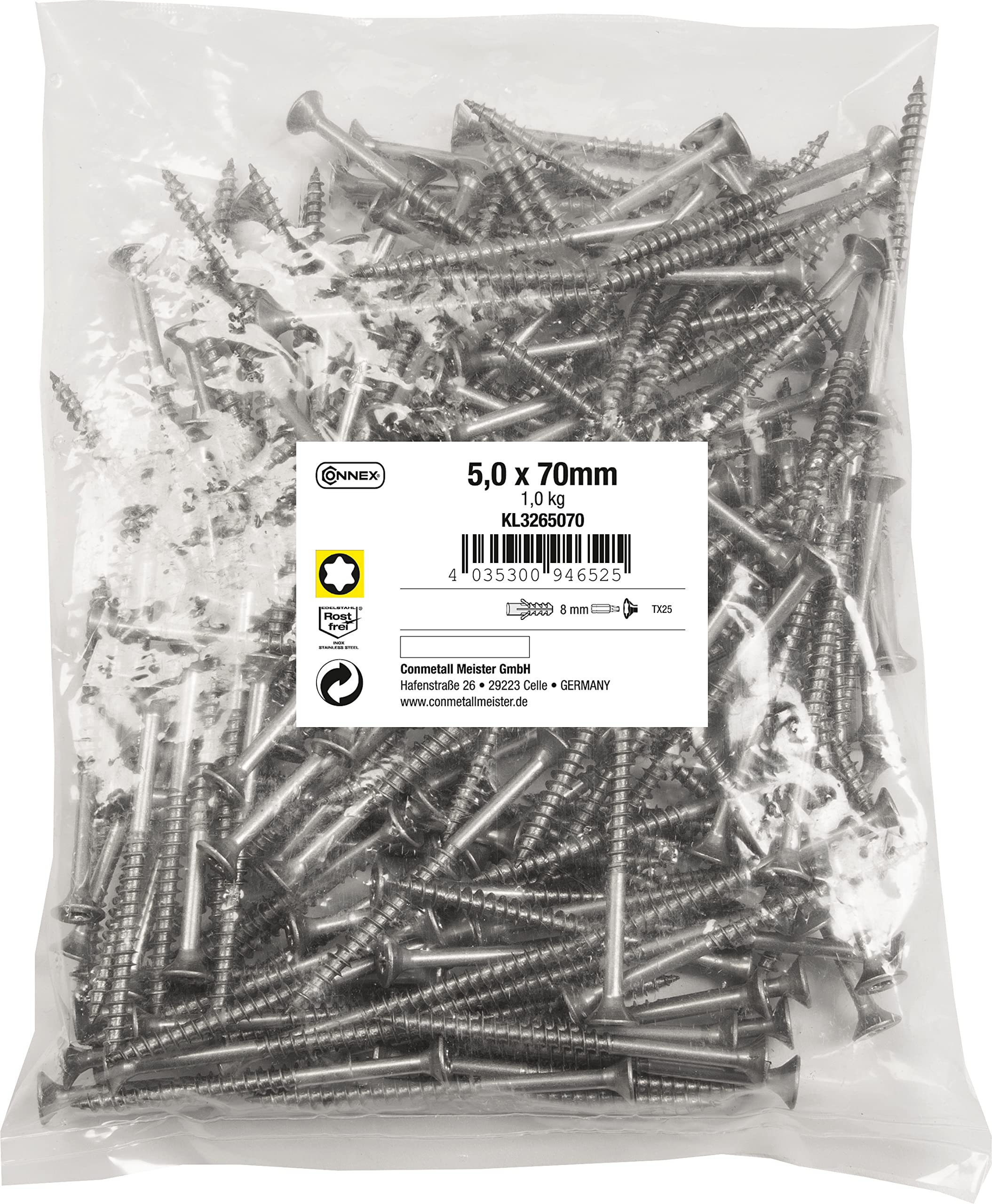 Connex KL3265070 Universal Screws 5.0 x 70 mm - 1 kg Bulk Pack - Countersunk Head - TX Drive - Partial Thread - Stainless Steel/Screw Set/Screws in Bag