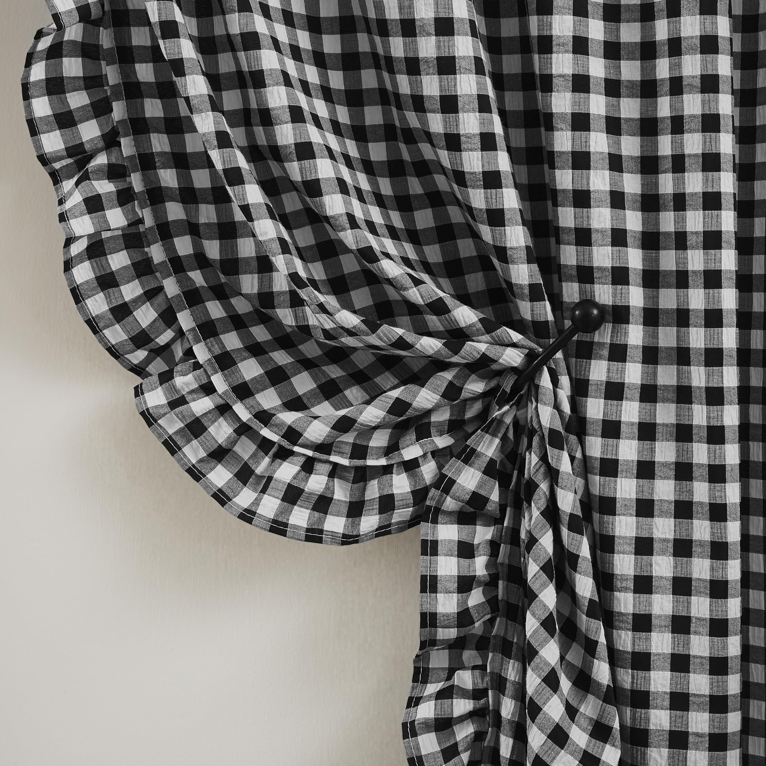 ZJDECOR Buffalo Plaid Ruffle Curtains 63 Inch,Crinkled Not-See-Through Sheer Drapes,Black White Farmhouse Drapes for Bedroom Living Room,Shabby Chic Window Treatment,Rod Pocket,40" Wx63 L,Pack of 2