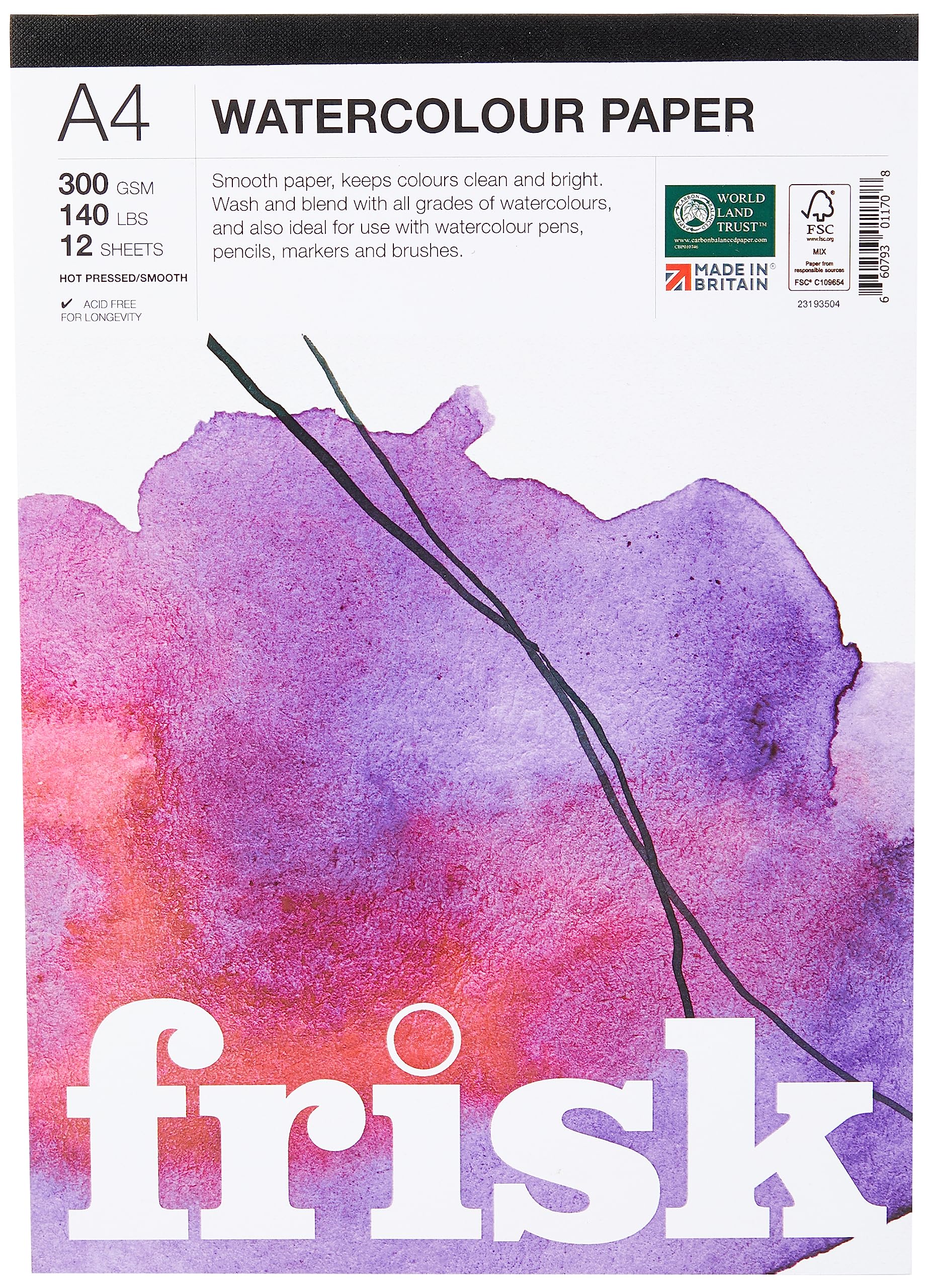 Frisk Watercolour Paper Pad 300gsm Hot Pressed/Smooth 12sheets A4, White, 23193504