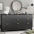 Fluted Dresser for Bedroom with 9 Drawers, 57" Wide Chest of Drawers with Metal Handle, Modern Wood Dresser TV Stand, Wooden Closet Clothes Storage Organizer for Living Room, Hallway, Black