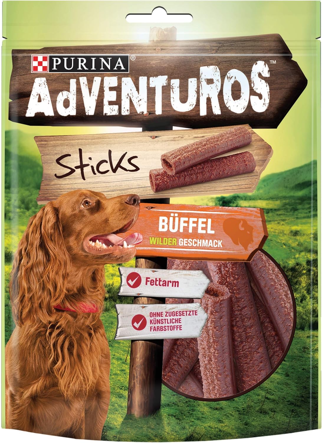 Purina AdVENTuROS Sticks Büffel für erwachsene Hunde. Außen mit grober Textur, innen, weiche Füllung mit Büffelgeschmack. Kausticks als Leckerlies Bild 1
