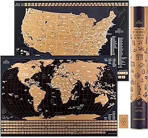 Scratch Off Travel Map World & United States National Parks 2 in 1 - Large 24x17 Quality Laminated Poster Paper - World & USA Wall Posters w/Flags, Art Coloring Pages & Scratch Tool - Traveler Gift