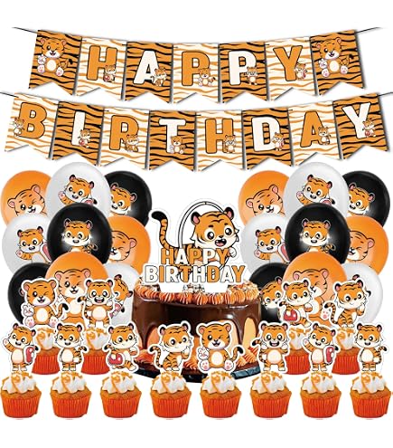 SHADOAMP Tiger Happy Birthday Banner - Pre-Strung, Jungle Safari Zoo Animal Theme Party Decorations