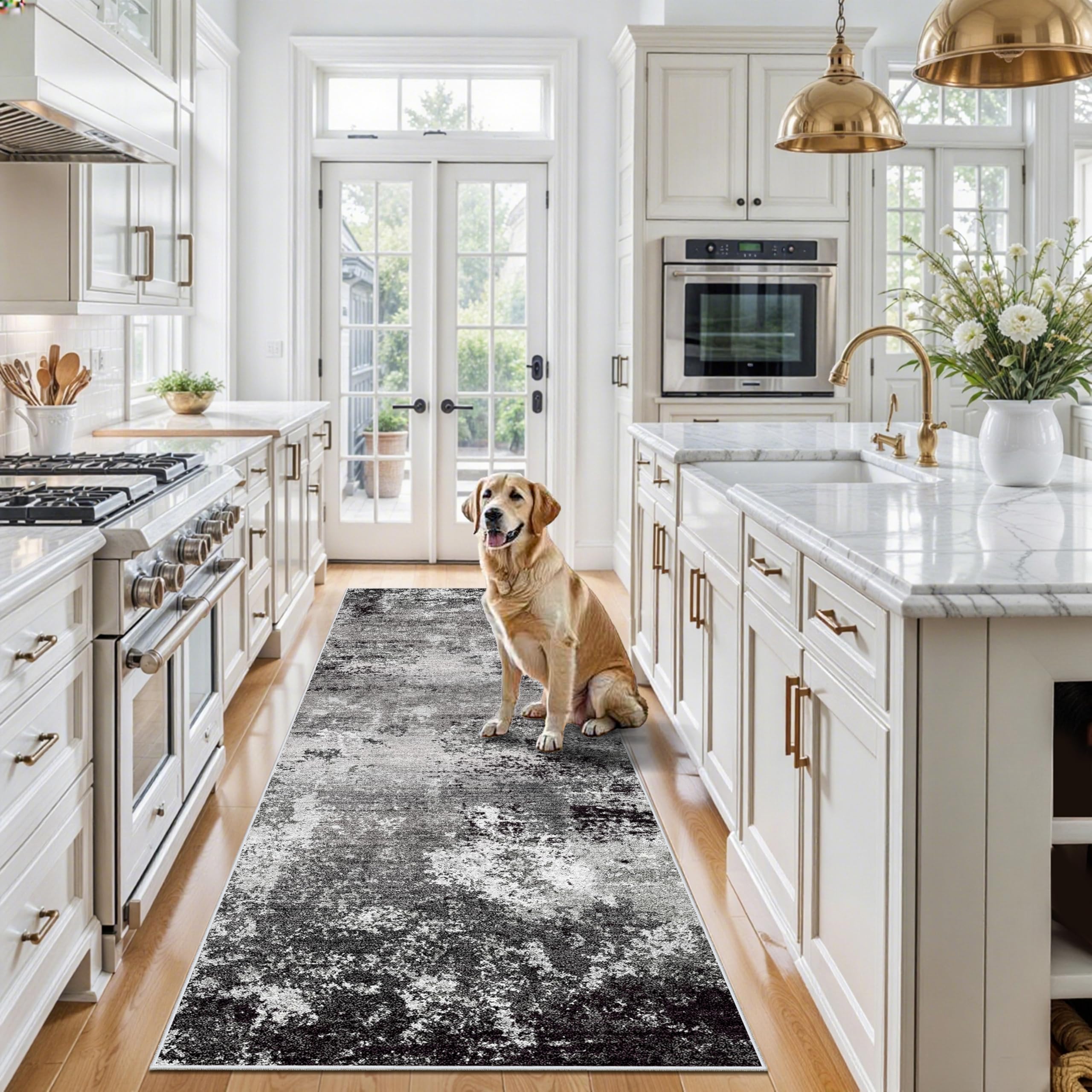 4x8 Rug Non-Slip Washable – Boho Scalloped Runner Rug for Indoor Entryway, Kitchen, Bathroom, Hallway – Low-Pile Thin Floral Wide Carpet Runner for Bedroom, Living Room, Office (Black Grey,4x8) Image