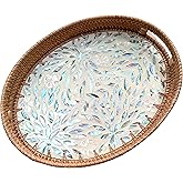 i-lan 17 Inch Blue Mother of Pearl Inlay Rattan Serving Platter,Rattan Coffee Bread Tray Display with MOP Inlay Wooden Base, Decorative Wicker Basket for Table Decor, Storage of Fruit,Candy