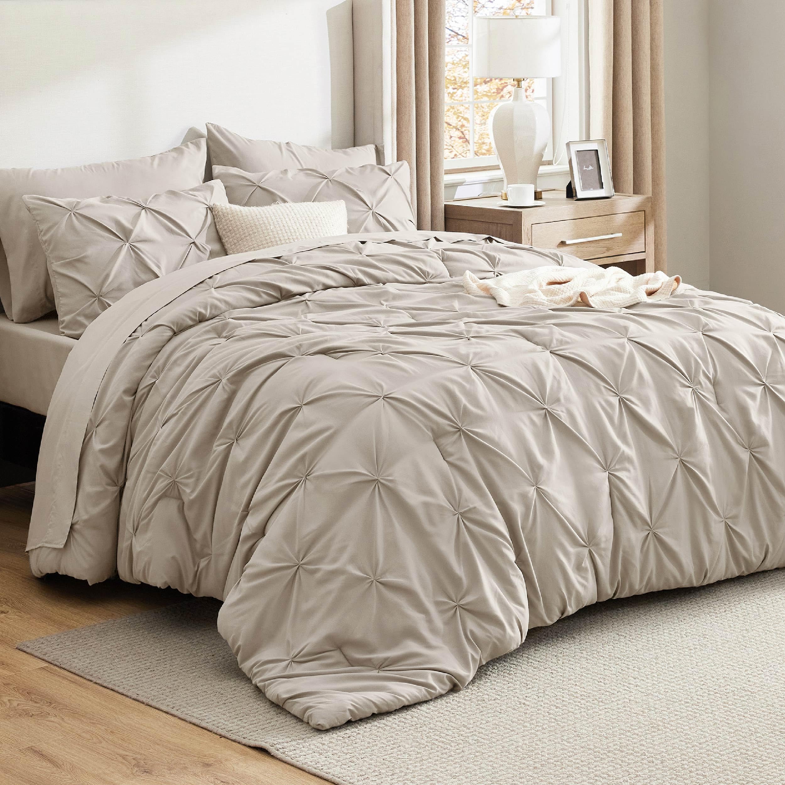 Photo 1 of Bedsure Oversized Queen Comforter Set Beige - Bed in a Bag Oversized Queen Size 7 Pieces, GentleSoft™ Pintuck Bed Set Gift for Family, Pinch Pleat Beige Comforter with Sheets, Pillowcases & Shams