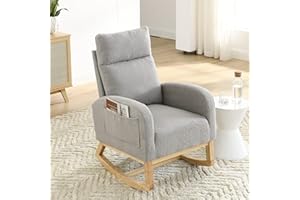 Krinana Nursery Rocking Chair with Solid Wood Legs, Glider Chair for Nursery with Two Side Pockets, Rocker Armchair for Living Room Bedroom (Grey, Teddy Fabric)