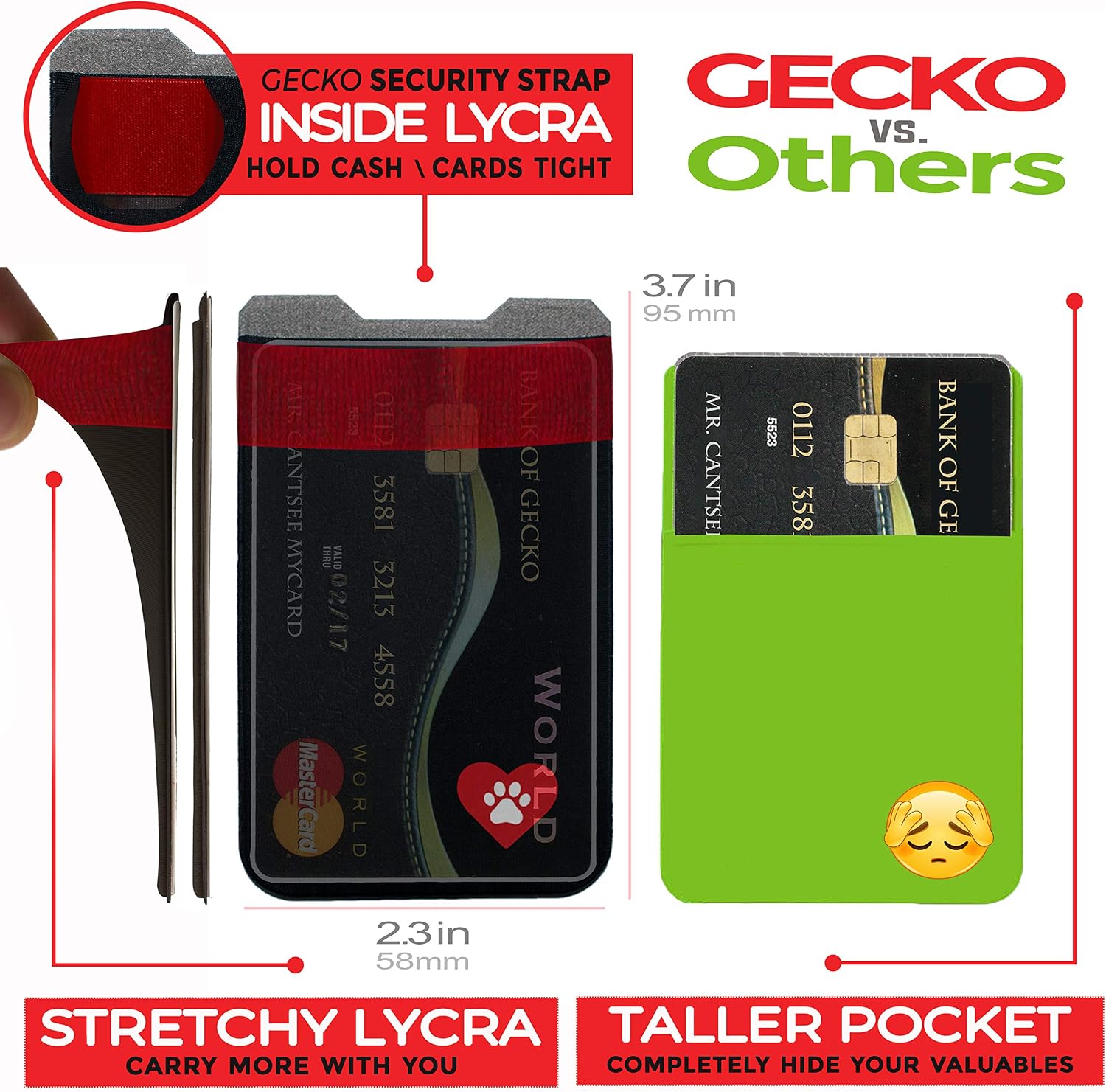 Gecko Adhesive Phone Wallet & RFID Blocking Sleeve,a Stick-On Stretchy Spandex Card holder Universally fits most Cell Phones & Cases.Xtra Tall Pocket Totally Covers Credit Cards & Cash (Dog Paw Heart) - Image 3