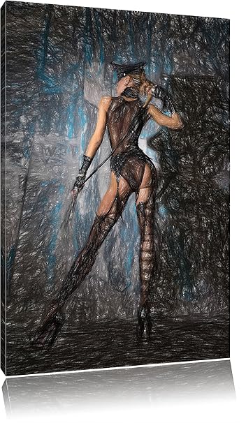Sinnliche Frau in schönem Dessou mit einer Peitsche Kunst Buntstift Effekt, Format: 100x70 auf Leinwand, XXL riesige Bilder f