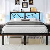 ChicZhiNest Full Size Black Metal Bed Frame with USB Charging Station | Noise Free, Easy Assembly, Wooden Storage Headboard, LED Ambient Lighting, Under-Bed Storage, No Box Spring Needed