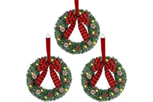 ATDAWN 3 Pack Mini Christmas Wreath, Lighted Christmas Front Door Wreath, Xmas Wreath for Holiday Christmas Party Decorations (Plaid Bow)