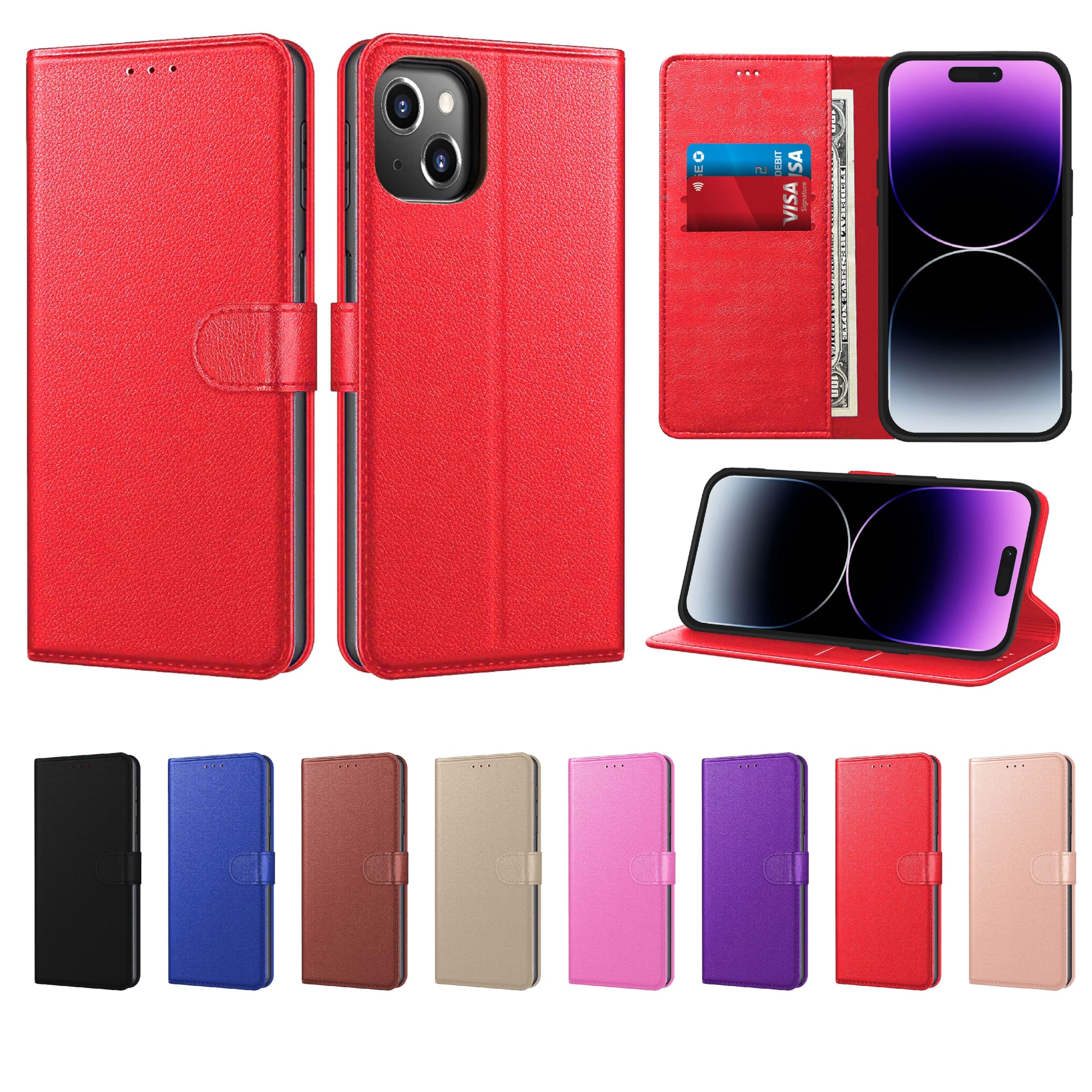 New Horrizon Luxury Case for iPhone 15 Leather Phone Case Cover,[Life time Support], PU Faux Leather Wallet Book Folio Flip Magnetic Shockproof Case with Card Slots (Red, For iPhone 15)