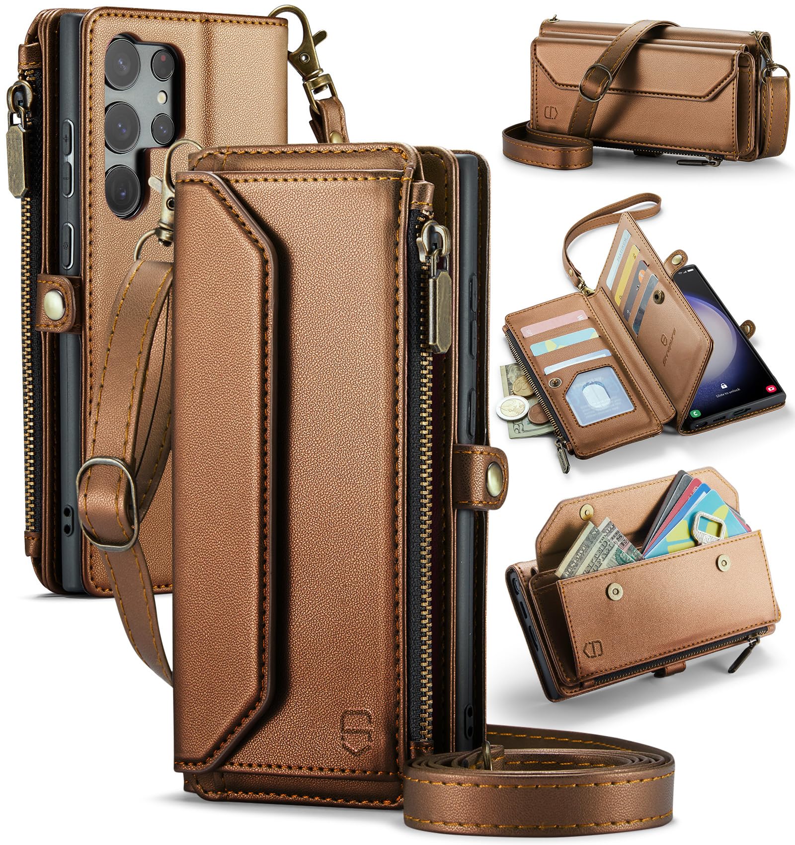 Photo 1 of Strapurs Crossbody Wallet Case Compatible with Samsung Galaxy S23 Ultra 5G RFID Blocking 10-Card Holder Soft PU Leather Magnetic Snap Strap Zipper Pocket Phone Case Fit for Galaxy S23 Ultra - Brown