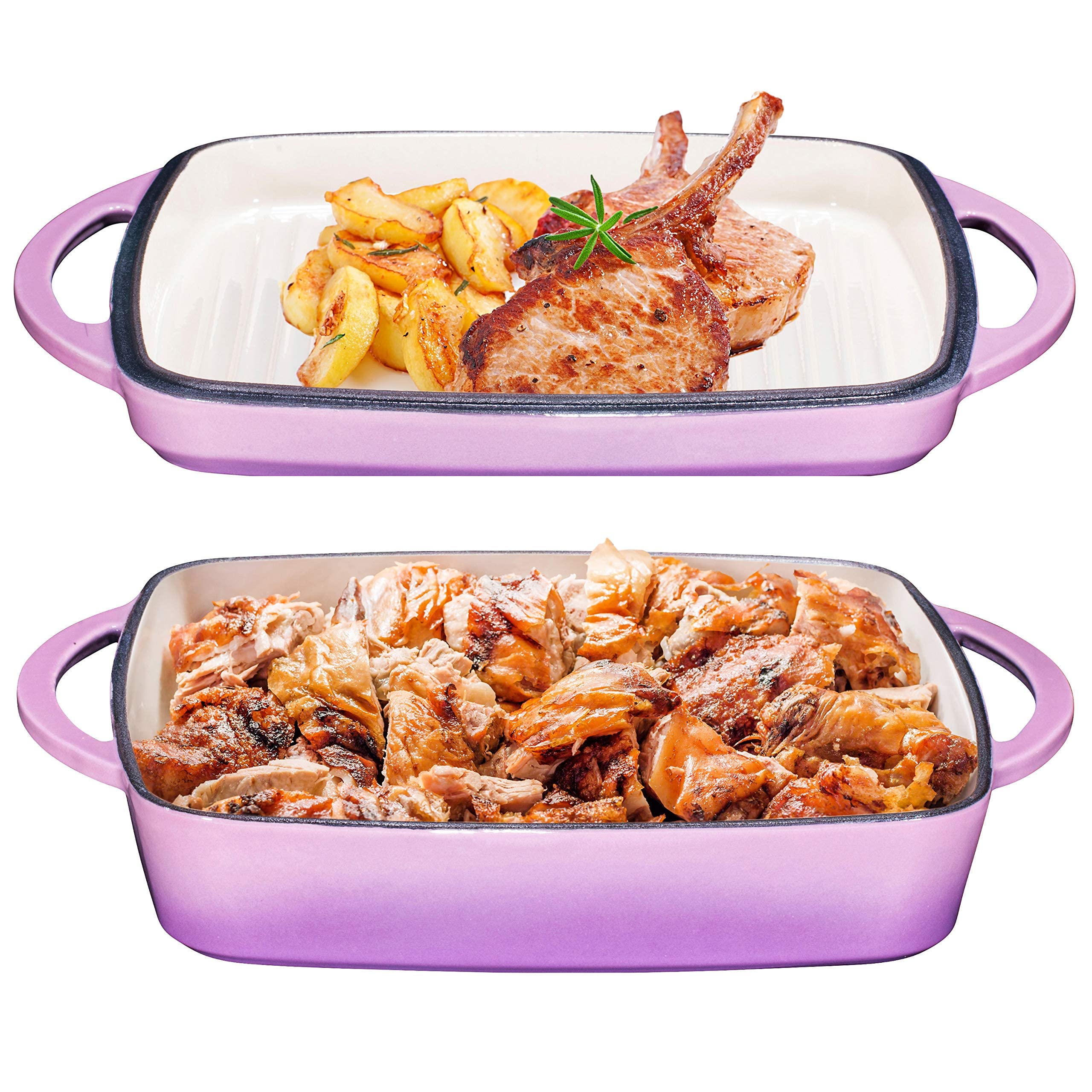 Bruntmor 2-in-1 Square Enamel Cast Iron Dutch Oven Baking Pan with Handles, Purple Baking Pans Set with Cast Iron Skillet, Braising Pan for Casserole Dish with lid, Oven Safe