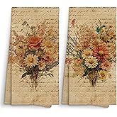 Sviojuce Vintage Floral Flower Kitchen Towels Decorative 16x24 Set of 2, Beige Fall Botanical Dish Towels Cloths Dishcloths Tea Towel Gifts, Autumn Wildflower Bouquet Bathroom Kitchen Hand Towel Decor
