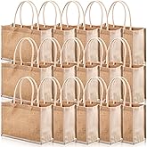 Reginary 16 Pcs Jute Tote Gift Bags Natural Burlap Grocery Shopping Bag Beach Tote with Handle for Bridesmaid Wedding Travel