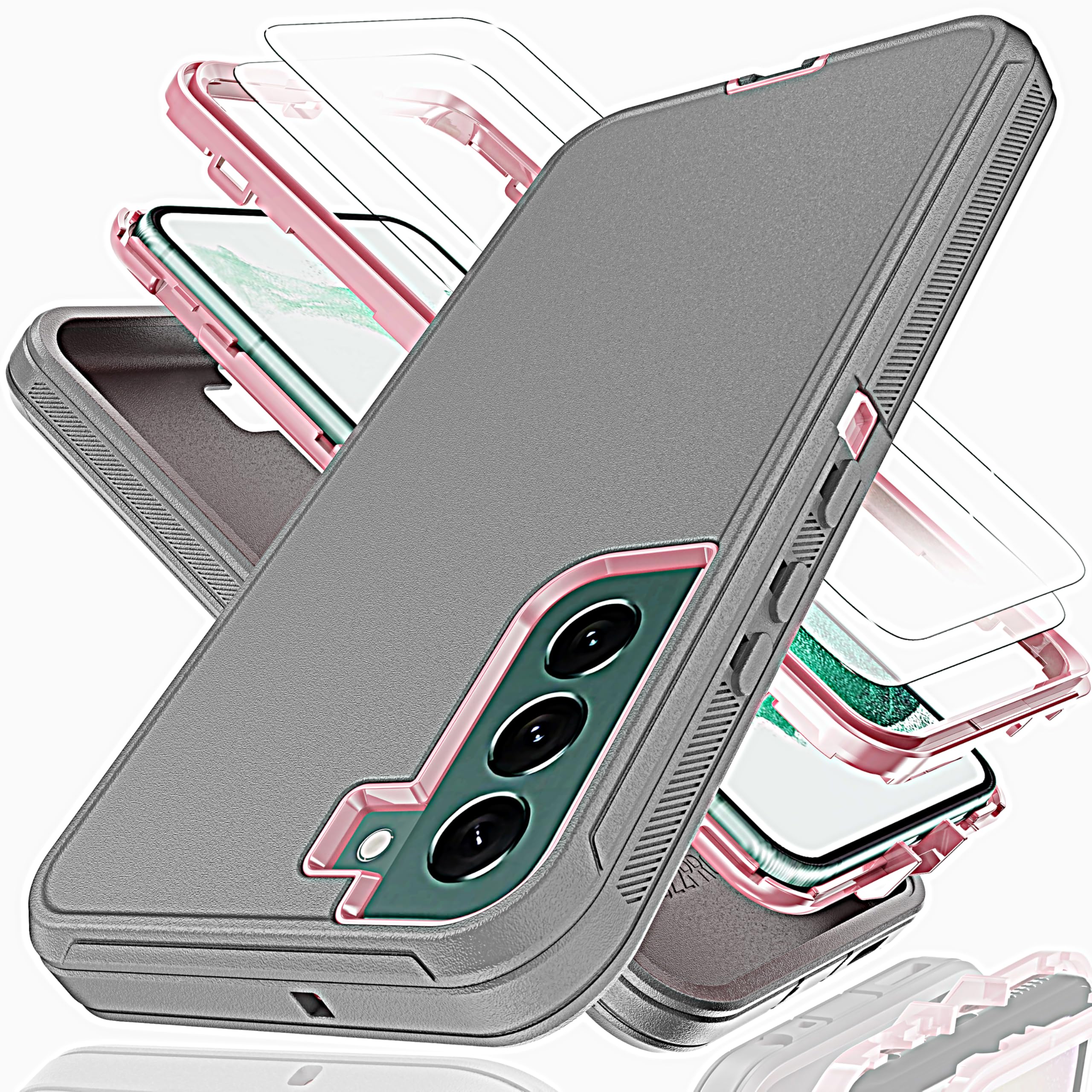 KaiMai for Galaxy S22 Plus Case with Soft TPU Film Screen Protector[2 Pack],3 in 1 Shockproof TPU Hard PC Bumper Drop-Proof Shell for Samsung Galaxy S22+Plus Gray/Pink
