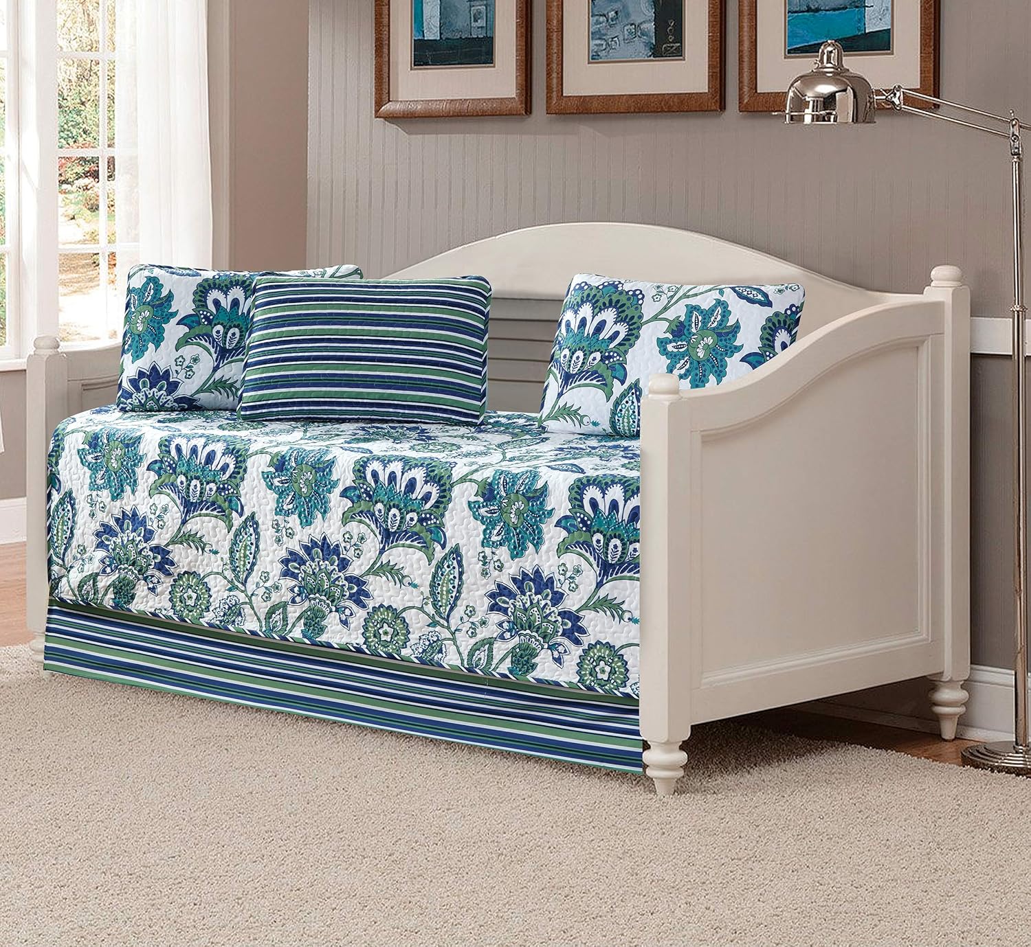 Better Home Style 5 Piece Daybed White Blue Turquoise Green Floral Striped Luxury
