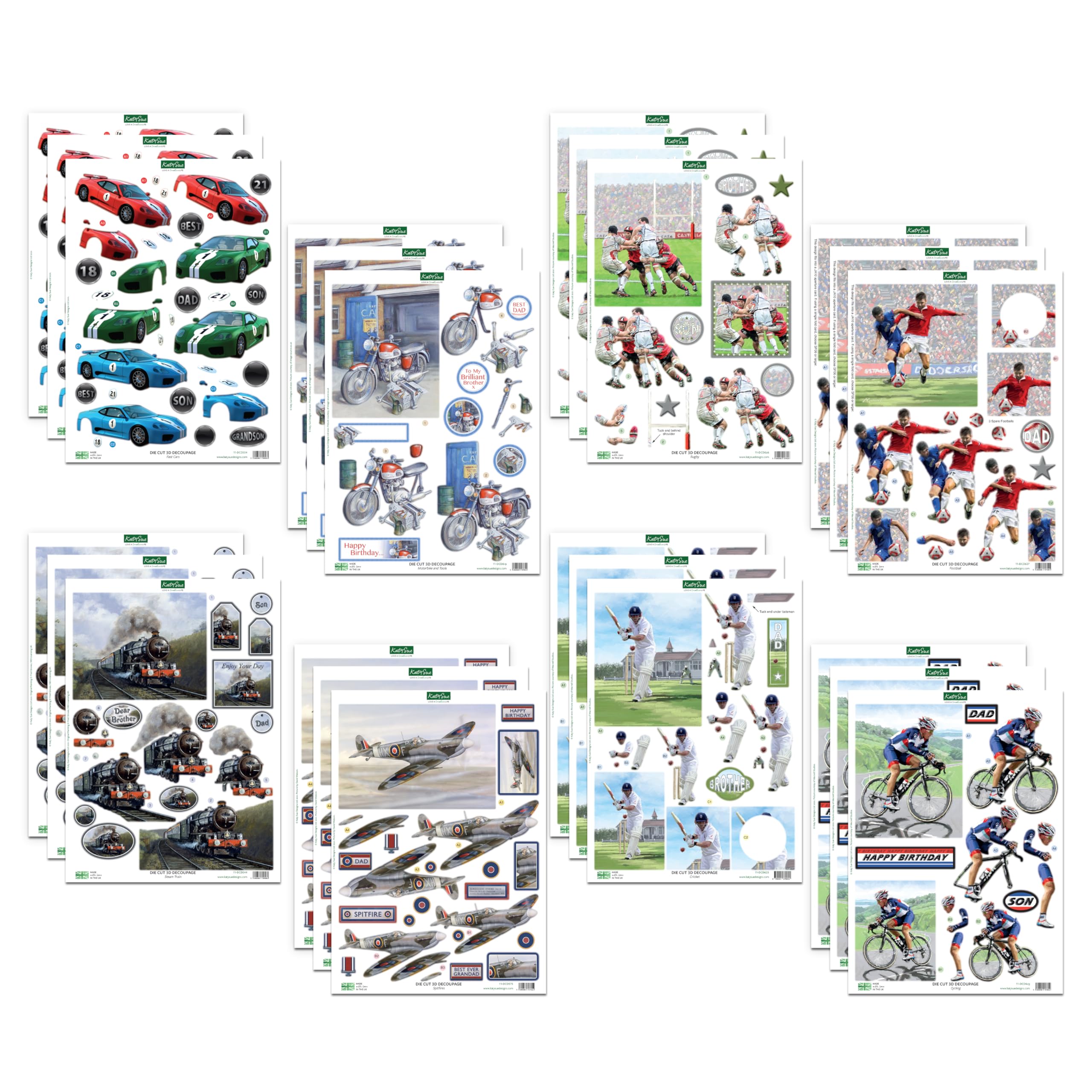 Katy Sue for The Guys 3D Die Cut Decoupage Sheets for Card Making. A Pack of 24 Pre Cut Sheets of Cars, Motorbikes, Spitfire, Trains, & Sports Die Cuts for Card Making Supplies