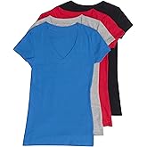 4 Pack Zenana Women's Basic V-Neck T-Shirts Large Black, H Gray, Red, B Blue