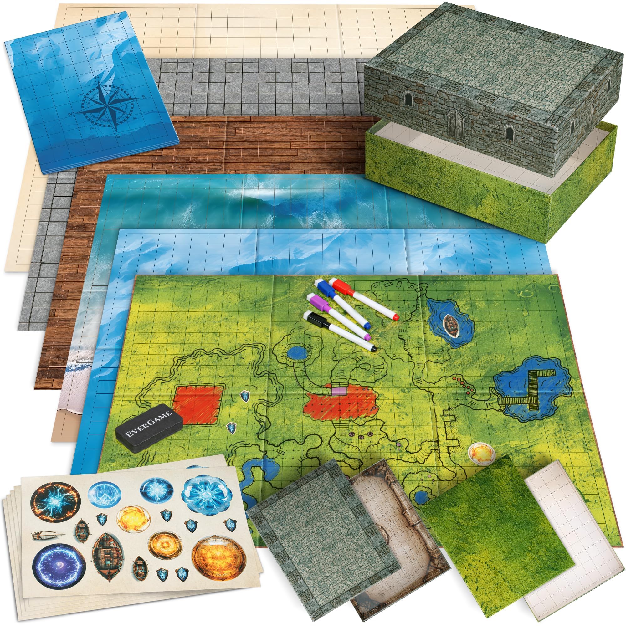 Photo 1 of 10 DND Game Mats and a lot More - Includes 6 Dungeons & Dragons Board Game Battle Maps (1" Square Grid), Huge Size 22x26-4 3D Battle Arenas, 140+ Reusable Stickers, 4 Markers & Eraser, by EverGame