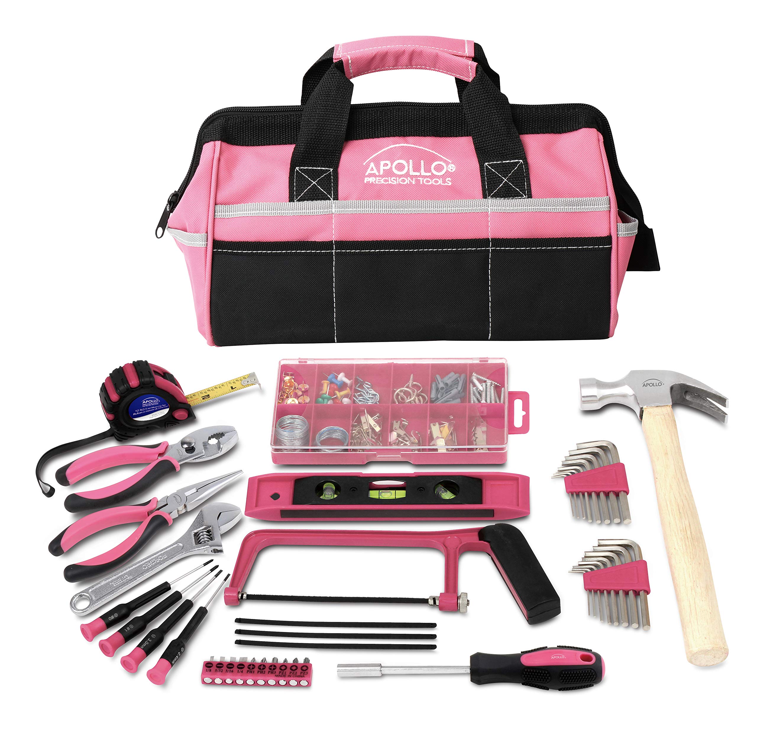 Apollo Tools 201 Piece Home Tool Set, Pink Tool Set Includes Hacksaw, Picture Hanging Assortment, and Selection of Most Needed Tools in Sturdy Tool Bag - Pink Ribbon - DT0020P Image