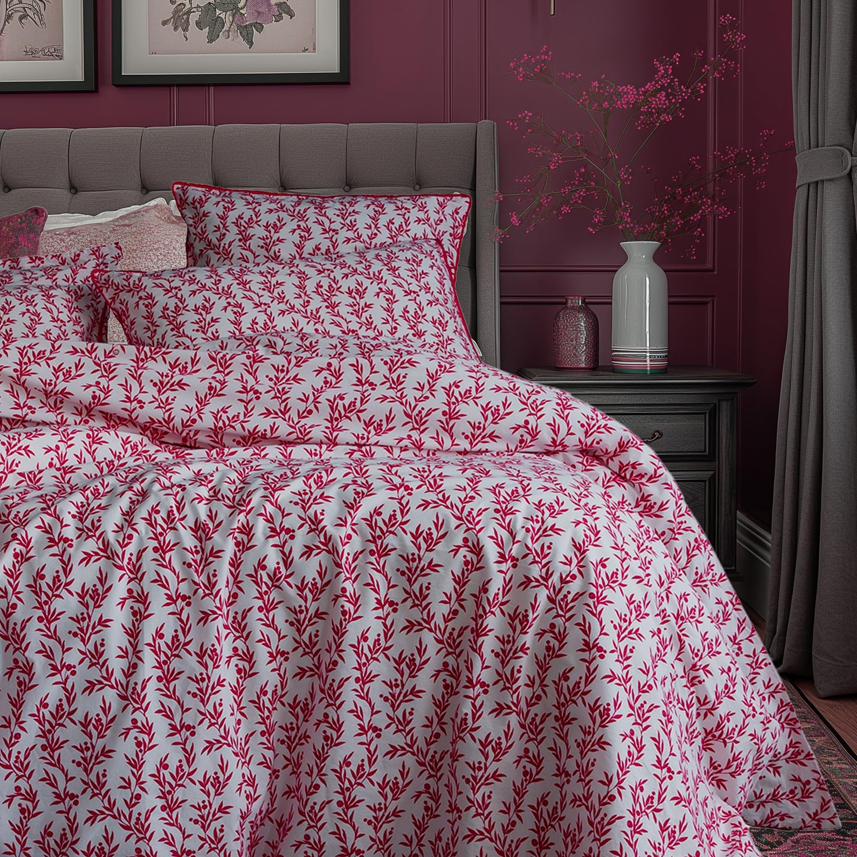 LERUUM Single Duvet Cover Set Pink Floral Bedding Sets Cotton Quilt Cover Botanical Leaf Pattern Winter Bedding 200TC Premium Percale Hotel Quality White OEKO TEX — image 1