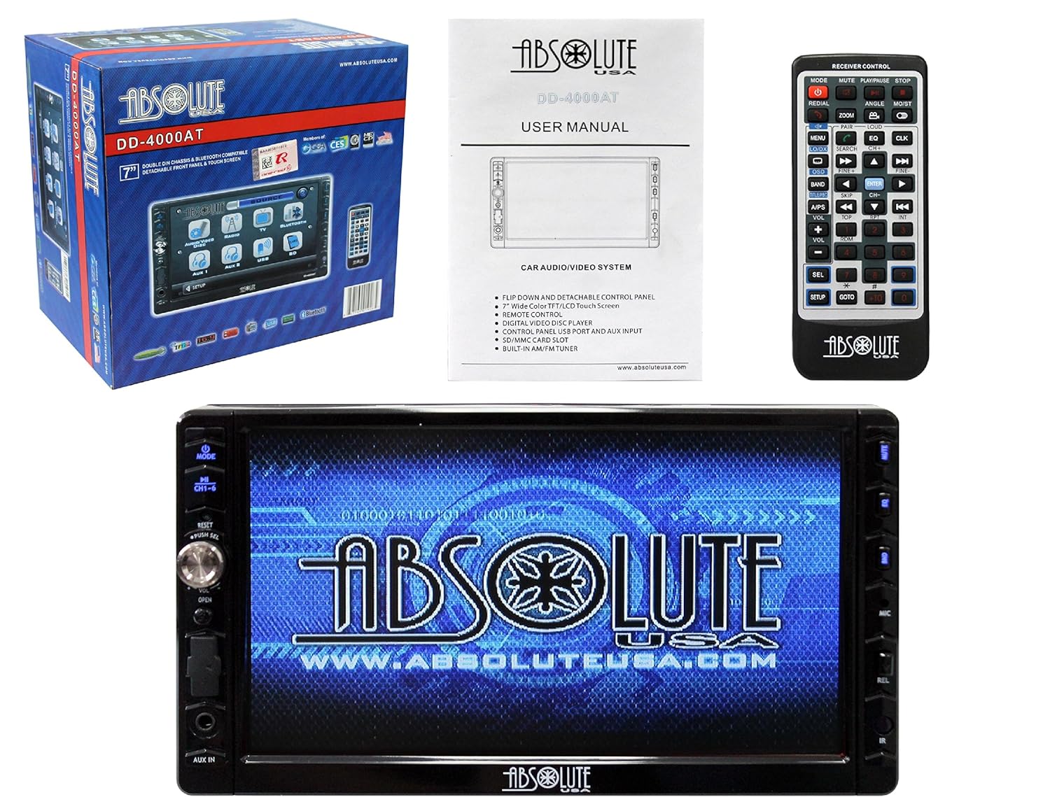 Absolute USA DD-4000AT 7-Inch Double Din Multimedia DVD Player Receiver with Touch Screen System Display and Detachable Front Panel Built-In Analog TV Tuner with SD/USB Slot
