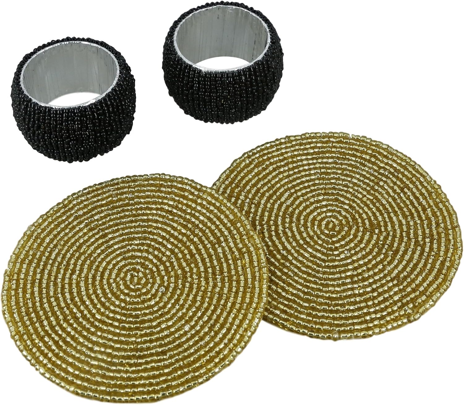 ShalinIndia Handmade Beaded Black Napkin Rings and Golden Coasters Set Set Of 2 1.5 Inch